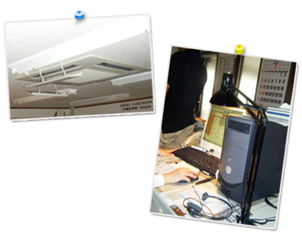 節電として天井の蛍光灯は全て消してＬＥＤの卓上ライトで作業されています。また、超クールビズと題して短パンを着るという取組みもされています。